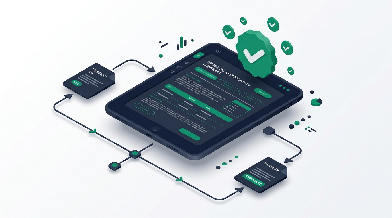Minimalist modern 3D vector illustration of B2B digital document approval process. A floating sleek digital tablet displaying a technical specification contract with green verification checkmark badges floating around it. Flowchart connections showing version 1.0 to version 2.0 approved. Emerald green (#059669) and dark slate (#0F172A) brand colors, clean white studio background, smooth matte plastic 3D lighting, isometric view, high detail, 8k resolution --ar 16:9