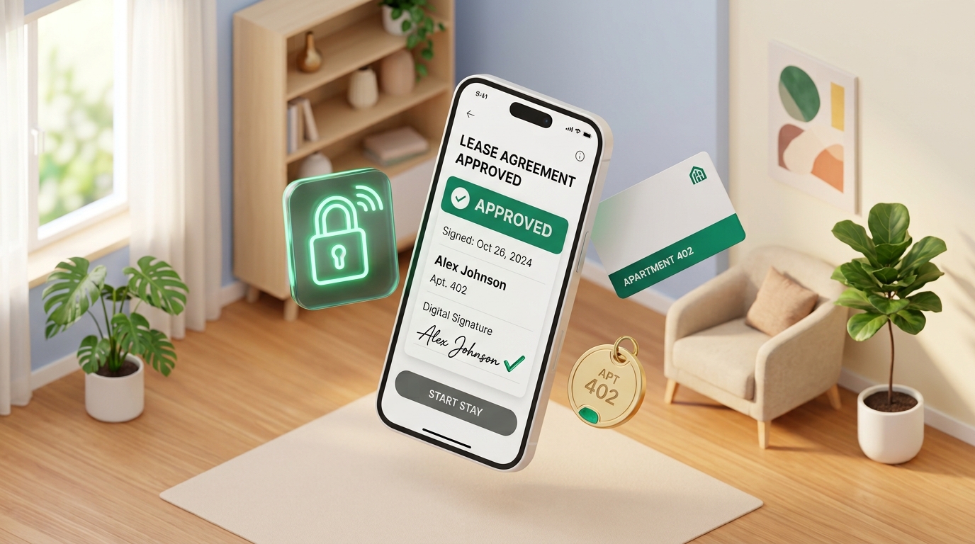 Minimalist 3D render of smart rental apartment check-in. A smartphone displaying a lease agreement approval screen with a digital signature and green checkmark. Floating gold key fob, keyless electronic lock icon, cozy modern apartment key card. Emerald green (#059669) accent highlights, clean soft shadows, bright pastel studio lighting, isometric aesthetic, sleek UI mockups, 8k resolution --ar 16:9